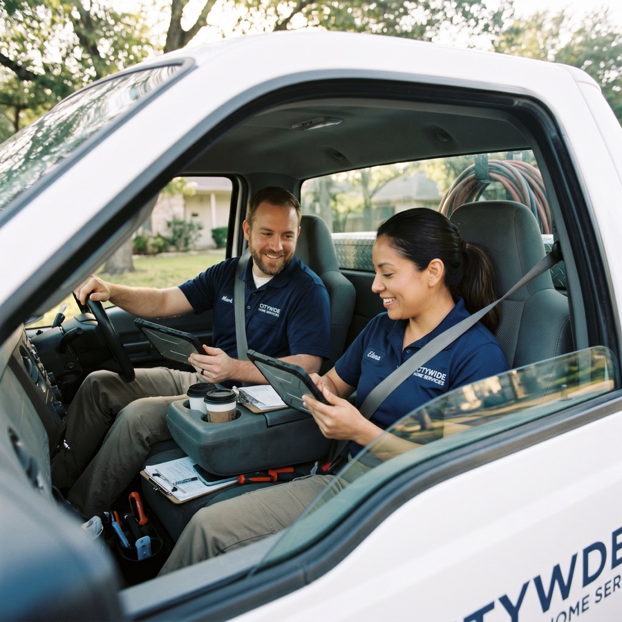 A home-services crew heading out on a call