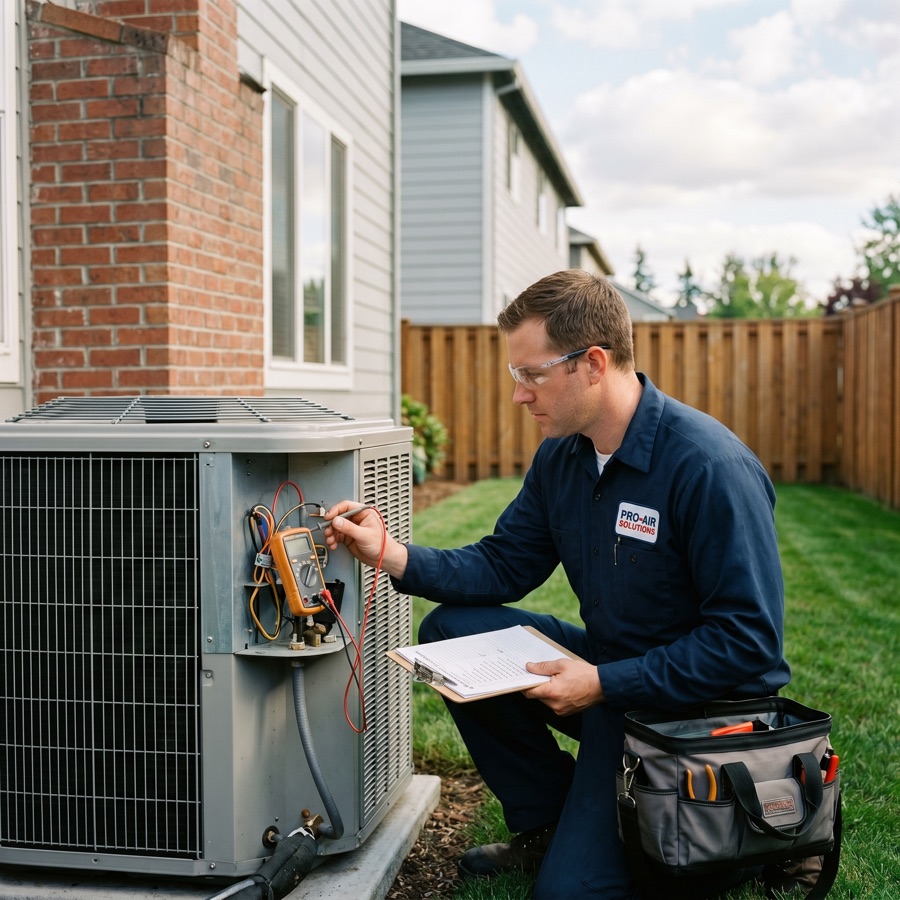 An HVAC technician servicing a home air-conditioning unit
