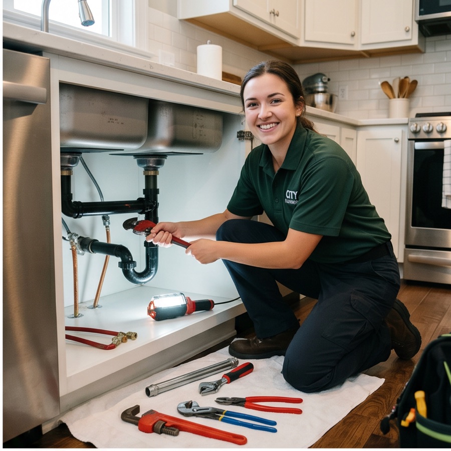 A plumber repairing pipes under a kitchen sink