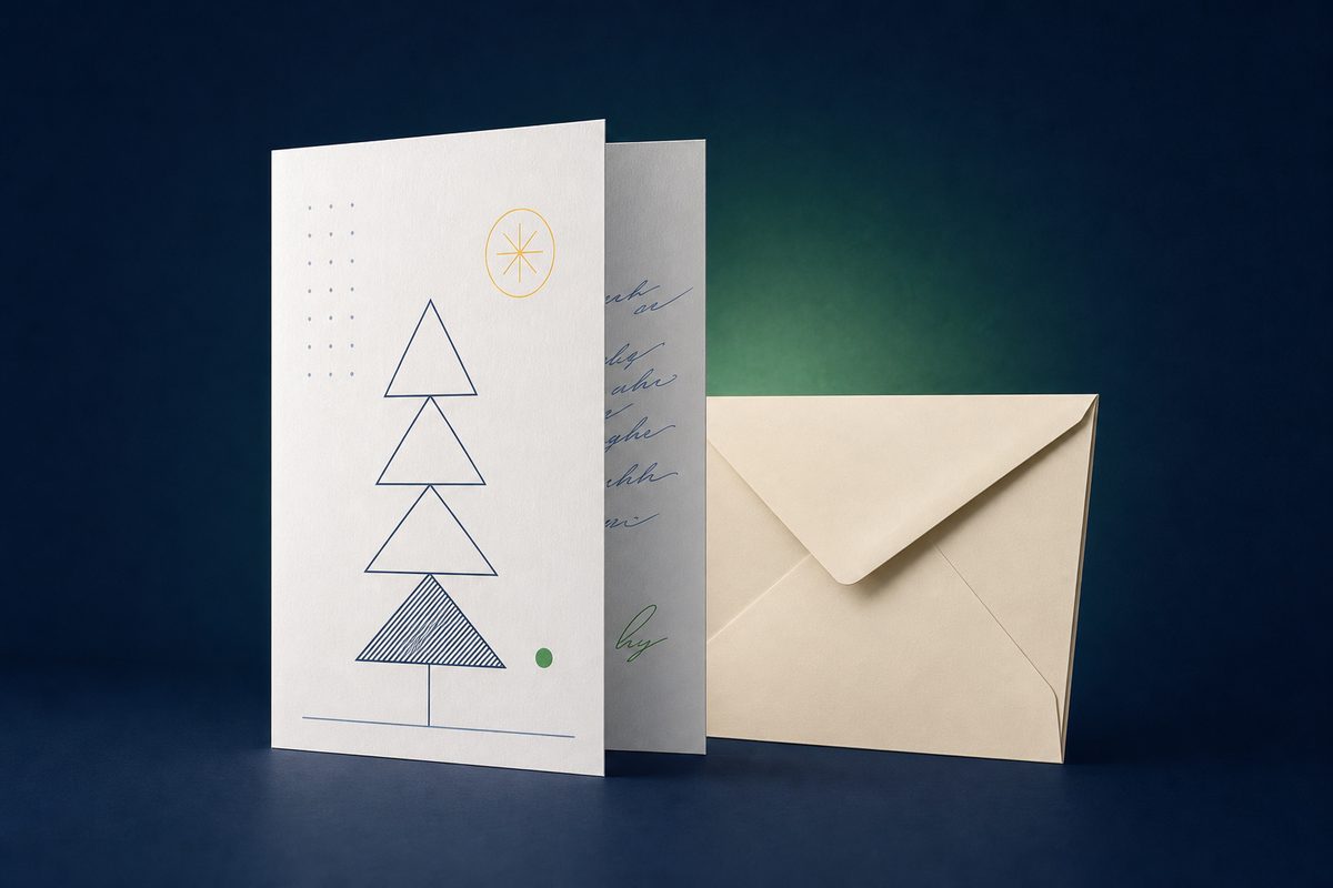 A handwritten holiday card and envelope