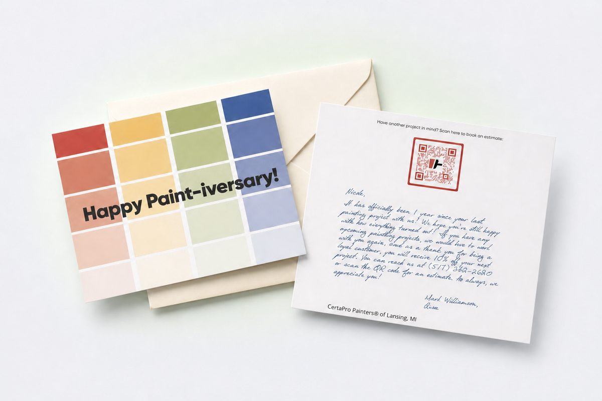 A Paint-iversary card and its handwritten note, sent a year after a CertaPro Painters project