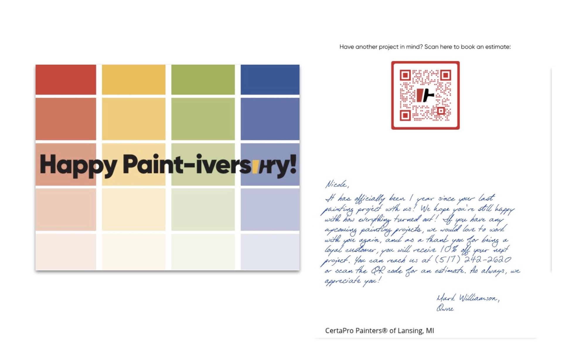 CertaPro Painters Paint-iversary Handwritten Card Example CertaPro Painters Paint-iversary Handwritten Card Example